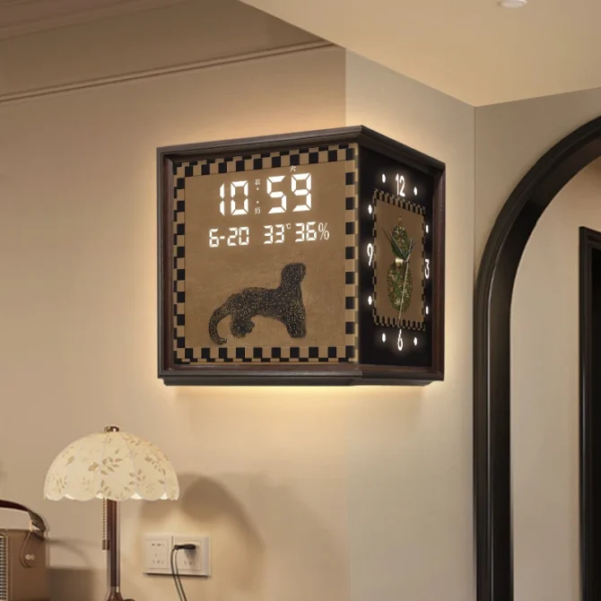 Luxury Mid Ancient Style Leopard Corner Clock Double-side Wall Clock Creative Retro Perpetual Calendar Digital Clock - Image 2