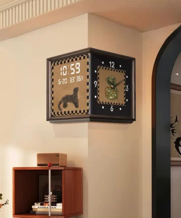 Luxury Mid Ancient Style Leopard Corner Clock Double-side Wall Clock Creative Retro Perpetual Calendar Digital Clock